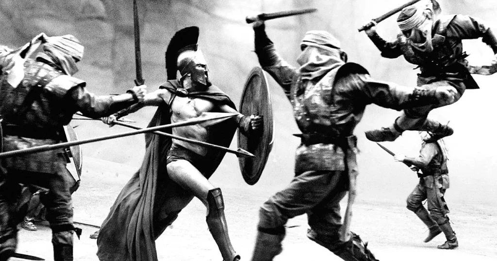 Soldados espartanos luchando en las Termópilas