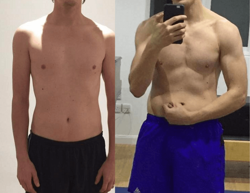 Chico que muestra el antes y el después de ganar 5 kilos de músculo