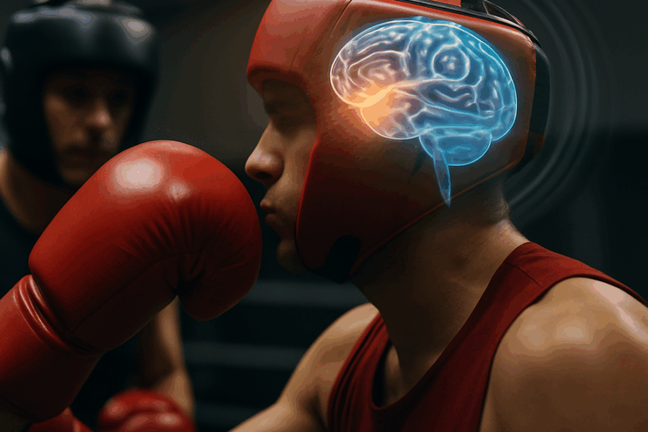 Boxeador recibiendo un golpe en la cabeza con casco, con ilustración del cerebro resaltando el impacto neurológico.