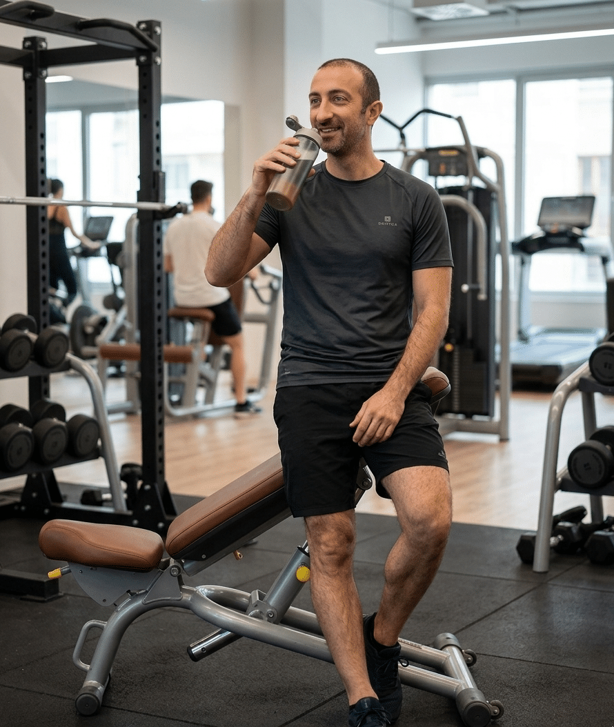 Hombre de cuerpo entero, con barba corta y sonrisa relajada, bebiendo de un agitador de proteínas mientras está sentado en un banco de pesas en un gimnasio moderno y bien iluminado.