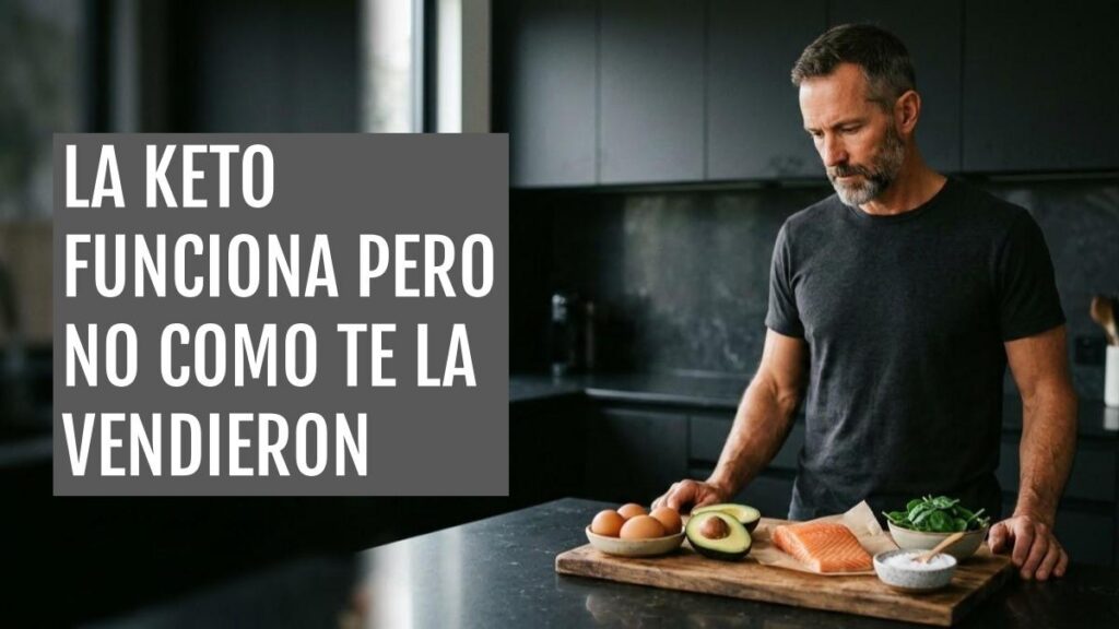 Hombre de unos 45 años en una cocina junto a huevos, aguacate y salmón, alimentos de la dieta cetogénica