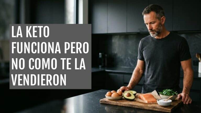 Hombre de unos 45 años en una cocina junto a huevos, aguacate y salmón, alimentos de la dieta cetogénica