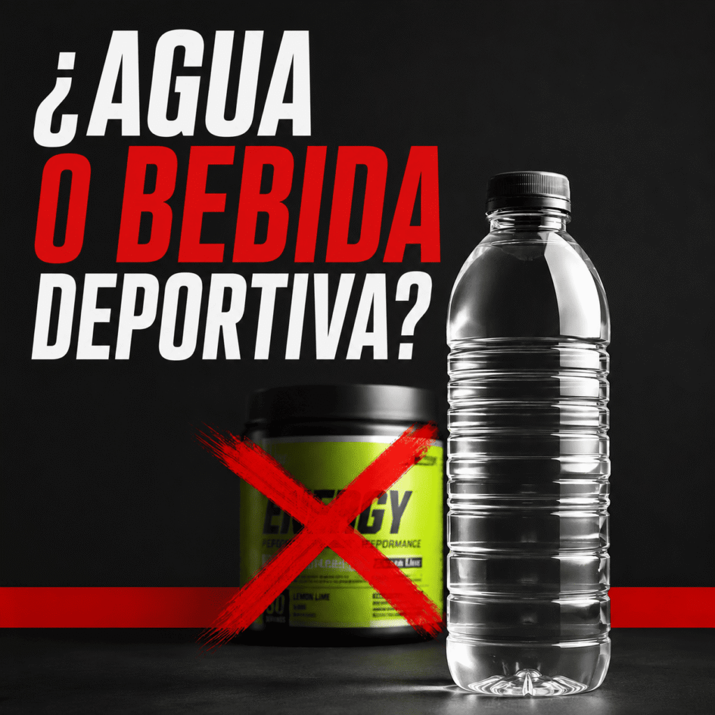 Bote de suplemento en polvo de colores tachado con una equis roja junto a una botella de agua, portada del episodio de podcast sobre hidratación y carbohidratos en el entrenamiento