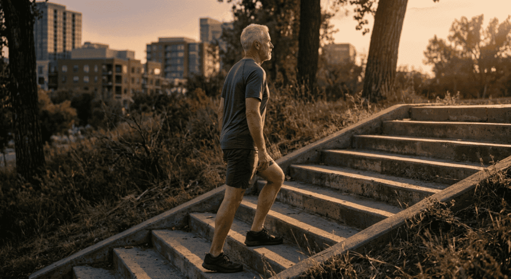 Hombre de unos 55 años subiendo unas escaleras al atardecer con paso firme